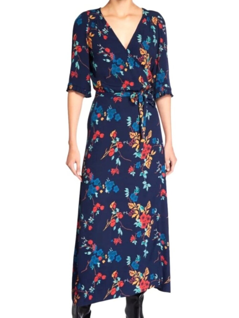 Sea New York Women's Sz 6 Floral Maxi Wrap Dress With Tie Waist & 3/4 Sleeves